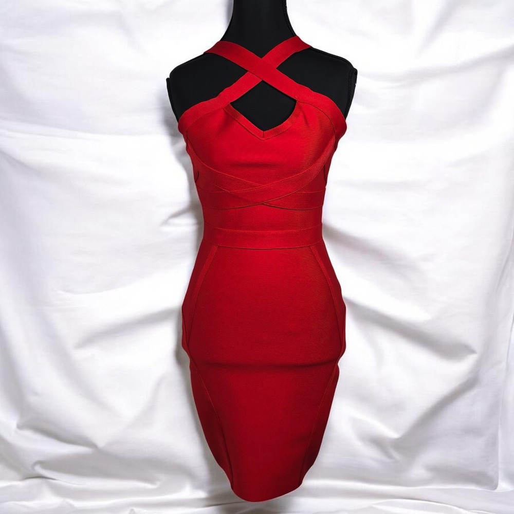 Red Bandage Cross Neck Bodycon Cocktail Party Dress Woman Small Scarlet Clubwear